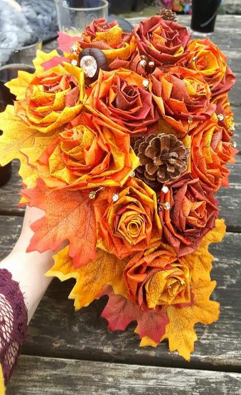 Handmade with florest wire, synthetic leaves to preserve bouquet, Diamante Crystals, real pinecone, conker, satin ribbon handle/backing (Handmade by the bride) Preserve Bouquet, Bouquet Preservation, Wedding Bouquet, Satin Ribbon, Fall Wreath, Pretty Things, Bouquets, The Bride, Wedding Inspiration