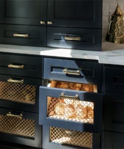 Bread Drawer, Blue Painted Cabinets, Potato And Onion Bin, Crystal Cabinets, Onion Storage, Popular Kitchen Designs, Kitchen Transitional, Popular Kitchens, Gold Kitchen