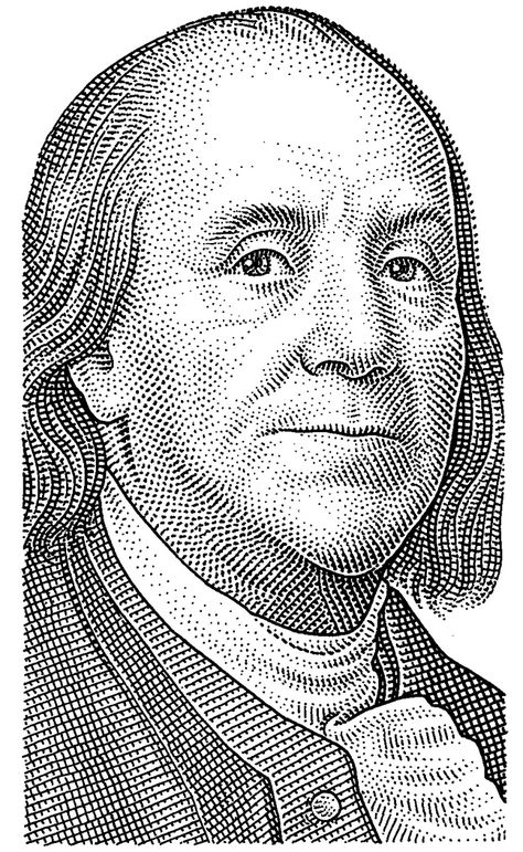 Benjamin Franklin hedcut by Bill Hallinan Benjamin Franklin Drawing, Benjamin Franklin Tattoo Stencil, Benjamin Franklin Tattoo, Boog Tattoo, Shading Pencil, Halftone Illustration, Portrait Realistic, Vintage Typography Design, Scratchboard Art