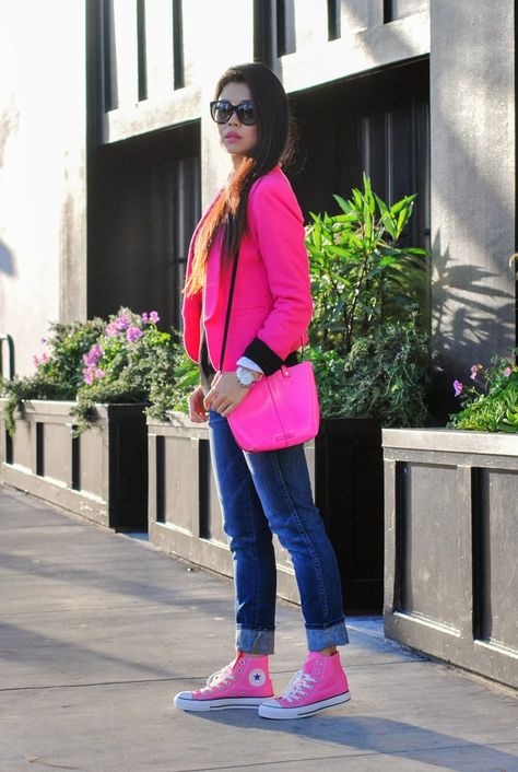 Pink #Converse #Chucks Chuck Taylor high-tops; #tennis shoes; #trainers; #sneakers Pink Blazer Outfits For Women, Pink Trainers Outfit, Asian American Fashion, Hot Pink Blazer Outfit, Pink Converse Outfit, Outfits With High Tops, Fashion Lawyer, Lawyer Style, Outfit Ideas With Converse