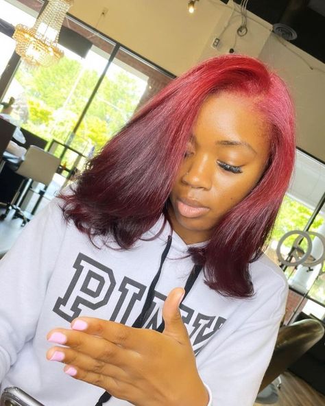 Hair Color Ombre Ideas For Black Hair, Red Silk Press, Silk Press With Color, Ombré Red Hair, Burgundy Ombre Hair, Braiding Tutorials, Voice Of Hair, Hair Color Transformation, Pressed Natural Hair