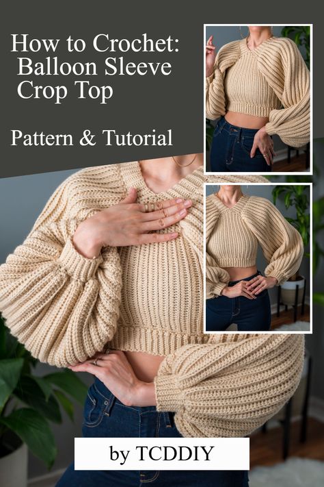 Are you looking for a crochet pattern that's perfect for any season? Look no further! this Crochet Pattern is a great way to learn how to crochet your own stylish top. Not only is this pattern easy to follow and understand, but you also get to customize the look you want with your own choice of colors. So what are you waiting for? Click for the pattern! #crochet #crochetpattern #crochettutorial Crochet Balloon Sleeve, Crochet Balloon, Trendy Balloons, Crochet Spring, Balloon Sleeve Sweater, Crop Top Pattern, Modern Crochet Patterns, Step By Step Crochet, Photo Pattern