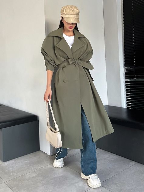 Army Green Trench Coat Outfit, Green Trench Coat Outfit, Army Green Trench Coat, Trench Vert, Soft Trench Coat, Army Coat, Mode Mantel, Casual Couture, Green Trench Coat