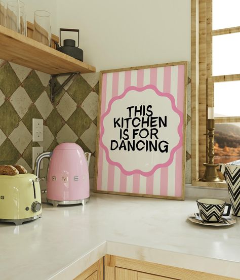 DIGITAL DOWNLOAD: This Kitchen Is For Dancing, Trendy Pink Kitchen Wall Print Girly Art, Pink Wall Prints, Preppy Artwork, Girly Room Print Tired of empty walls? The Print Crush has a collection of vibrant aesthetic wall art to infuse your home with personality. If your vibe is trendy, girly, preppy wall art then we're sure to have something you'll love! Whether it be for your bedroom, dorm room, living or kitchen area, printable wall art is the perfect way to spice up your walls and add a pop o Girly Apartments Living Room, This Room Is For Dancing, Pink Kitchen Accents, Pink Wall Kitchen, Wall Prints Preppy, Girly Kitchen Decor Apartment, Girly Kitchen Decor, Pink Wall Prints, Pink Kitchen Walls