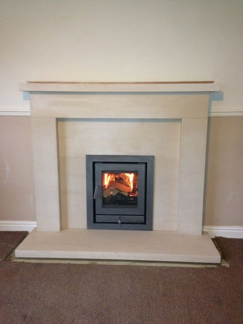 Chesney's inset stove and limestone fireplace Inset Woodburner Fireplaces, Inset Log Burner Fireplace Ideas, Inset Wood Burning Stove, Wood Burning Stove Makeover, Stove Makeover, Inset Log Burners, Wood Burning Stove Insert, Lounge Fireplace, Stove Hearth