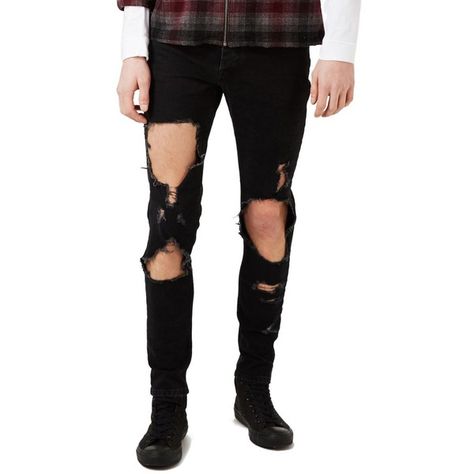 Men's Topman Extreme Ripped Stretch Skinny Fit Jeans ($85) ❤ liked on Polyvore featuring men's fashion, men's clothing, men's jeans, black, mens jeans, mens destroyed jeans, mens distressed skinny jeans, mens torn jeans and mens stretchy jeans Mens Distressed Jeans, Mens Stretch Jeans, Alternative Boy, Ripped Jeans Men, Torn Jeans, Coachella Outfit, Fashion Pria, Stretchy Jeans, Destroyed Jeans