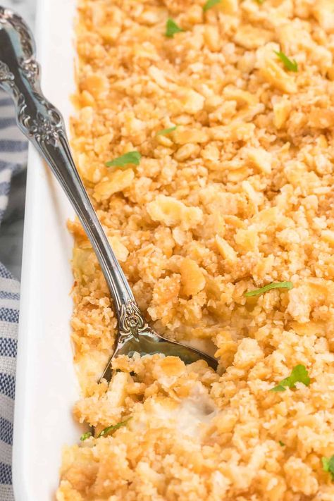 You'll love my Ritz Cracker Chicken Casserole recipe! It's creamy and tangy with a crunchy cracker topping. Great family dinner any week night. https://www.lanascooking.com/ritz-cracker-chicken-casserole/ Crunchy Chicken Casserole Recipe, Chicken And Rice With Ritz Crackers, Chicken And Ritz Cracker Recipe, Creamy Chicken Crunch Casserole, Chicken Rice Ritz Cracker Casserole, Chicken And Ritz Cracker Casserole, Casseroles You Can Freeze, Chicken And Rice Casserole Recipes Ritz, Chicken Ritz Crackers