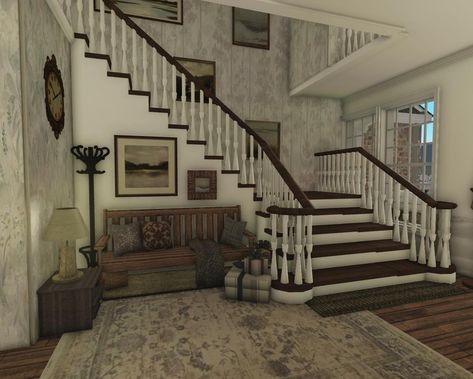 drew on Instagram: “my fav staircase 🤭🤍 also interior speedbuild for the winter home is out! ☕️ - - - tags: #bloxburg #bloxburghouse #robloxroleplay…” Bloxburg Hall Ways Ideas, Bloxburg Mediterranean House Ideas, Mediterranean Bloxburg Interior, Mediterranean Bloxburg House Interior, Realistic Bloxburg Entryway, Bloxburg House Entry Ideas, Bloxburg Entrance Ideas Modern, Roblox Bloxburg Foyer Ideas, Bridgerton House Bloxburg