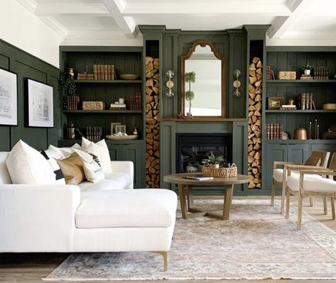 Do you love built-ins as much as we do?  We've got the inspiration for you on the blog with our favorite Built-ins of the year!  Check it out! Moody Brick Fireplace, Moody Den Ideas, Moody Den, Moody Library, Modernist Apartment, Beautiful Fireplaces, Fireplace Feature, Fireplace Room, Holly House