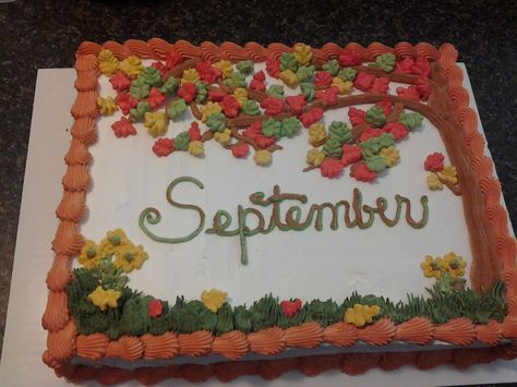 - Chocolate cake with whipped icing for September B-days at school! Fall Cakes Decorating, Fall Birthday Cakes, Half Sheet Cake, Whipped Icing, Red Birthday Cakes, Chandelier Cake, Nursing Cake, Sheet Cake Designs, Inside Cake