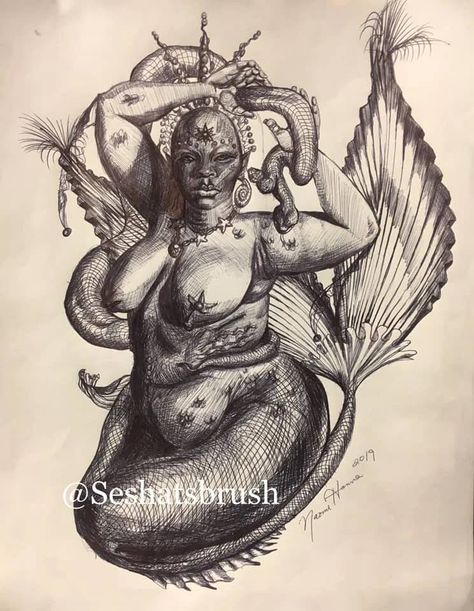 Mami Wata Tattoo, Black Queen Drawing, Yemaya Tattoo, Black Fairy Tattoo, Mama Wata, Black Mermaid Tattoo, Black Woman Drawing, Black Mermaid Art, Black Mermaids