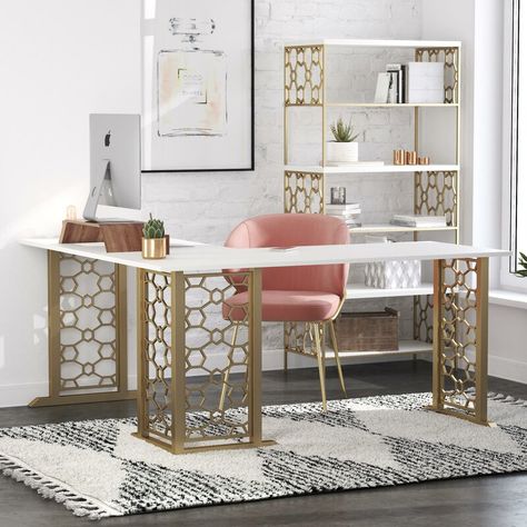 CosmoLiving by Cosmopolitan Ella L-Shape Desk & Reviews | Wayfair Magnolia Office, Cricut Room, Desk Overstock, White L Shaped Desk, Penthouse Decor, Pink Chairs, Boss Vibes, L Shaped Corner Desk, Desk Corner