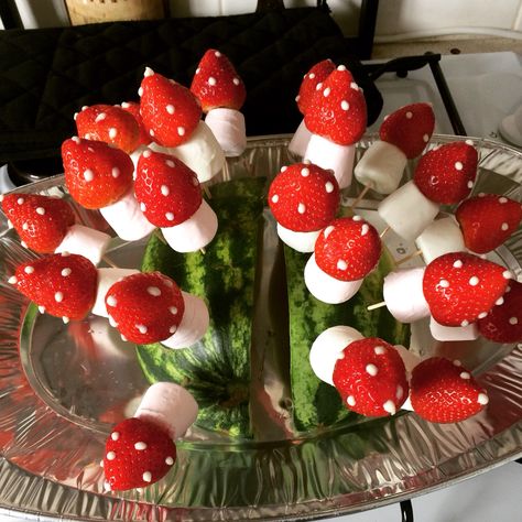 Strawberry Toadstools, Gemstone Cupcakes, Mushroom Strawberries, Toadstool Cupcakes, Fairy Party Food, Fairy Theme Birthday Party, Woodland Fairy Birthday Party, Enchanted Forest Birthday Party, Enchanted Forest Baby Shower