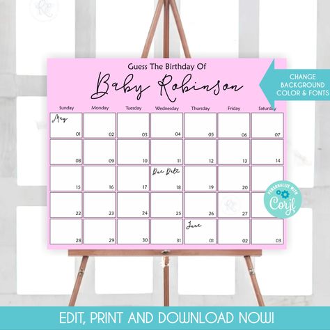 Bring excitement to your baby shower with our editable Due Date Calendar game! This printable activity lets guests guess the baby's arrival date. Download now for a fun and interactive way to celebrate the upcoming arrival and make predictions about the baby's due date! After the baby is born, get together and award the winner a price! Guess The Date, Office Baby Showers, Due Date Calendar, Baby Predictions, Baby Due Date, Baby Prediction, Baby Arrival, Date Calendar, Game Printable