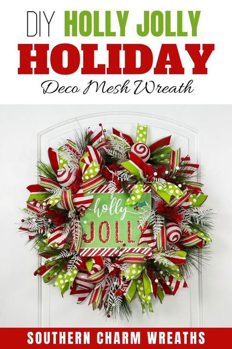 Learn how to make this Holly Jolly wreath with deco mesh poufs, brightly-colored holiday ribbons, and just a touch of wintery greenery Christmas Wreaths Diy Easy Deco Mesh, Diy Deco Mesh Wreath Tutorial Christmas, Mesh And Ribbon Wreath Tutorial, Christmas Mesh Wreaths Diy Tutorials, How To Add Ribbon To Deco Mesh Wreath, How To Make A Christmas Wreath Tutorials, How To Make A Ribbon Wreath, Deco Mesh Wreaths Diy Tutorials, Christmas Mesh Ribbon Wreath