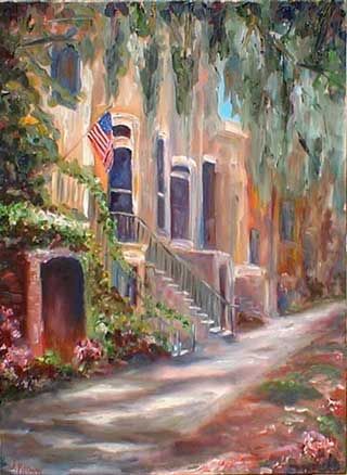 Savannah GA Artwork | Savannah Georgia Low Country Art, Downtown Savannah Georgia, Savannah Houses, Savannah Art, South Carolina Art, Tropical Landscapes, Canvas Painting Projects, Charleston Art, Historic Savannah