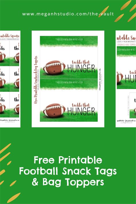 hosting a football themed birthday party? or a football game viewing party? add these fun football themed snack tags! football snacks, football party ideas, football themed birthday party, sports party, sports snack tags, free printables, meganhstudio #football #areyoureadyforsomefootball #footballmom #footballcoach #teamparent #snackduty #footballparty #footballbirthdayparty Football Themed Staff Appreciation, Flag Football Team Snacks, Football Snack Bags For Players, Football Candy Sayings, Football Team Snacks Ideas, Football Game Candy Bags, Football Tags Printable Free, Football Team Treats, Football Snack Tags Free Printable