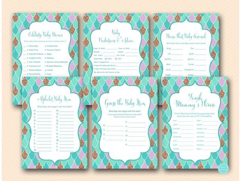 Mermaid Baby Shower Games Package Download by MagicalPrintable #babyshowerideas4u #birthdayparty  #babyshowerdecorations  #bridalshower  #bridalshowerideas #babyshowergames #bridalshowergame  #bridalshowerfavors  #bridalshowercakes  #babyshowerfavors  #babyshowercakes Mermaid Baby Shower Theme, Mermaid Bridal Showers, Mermaid Baby Shower Invitations, Free Baby Shower Games, Shower Games Baby, Baby Predictions, Mermaid Baby, Free Baby Shower, Printable Bridal Shower Games