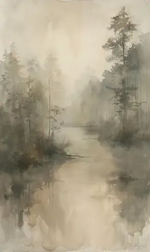 ↑↑↑ Larger size on website 🔸 The image is a watercolor painting depicting a serene lakescape. A misty, ethereal atmosphere envelo 🔸 From Midjourney AI Image Misty Landscape Photography, Misty Watercolor Paintings, Pale Background, Misty Dawn, Muted Tones, Watercolor Landscape, Abstract Landscape, Watercolor Painting, Landscape Paintings