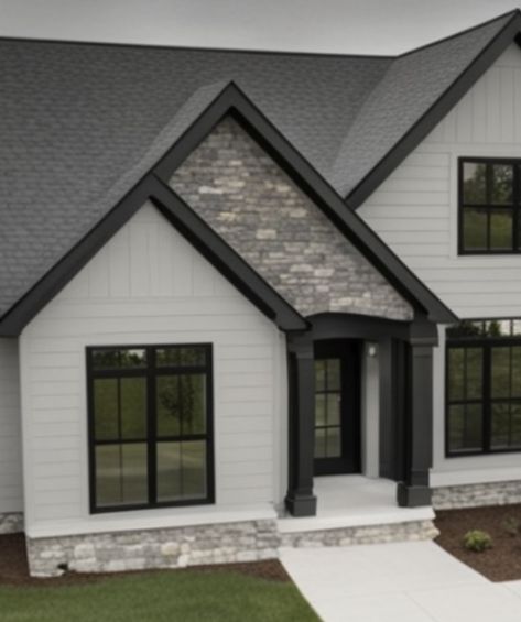 Light Grey Siding Black Windows, Greige House Exteriors Black Windows, White Vinyl Siding With Black Trim, White Vinyl Siding House Black Trim, White House Black Trim Exterior Vinyl Siding, Exterior Grey Paint Colors For House, White Siding Black Trim, Exterior House Options, Outside House Colors