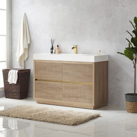 Vinnova 48'' Free-standing Single Bathroom Vanity with Porcelain Vanity Top & Reviews | Wayfair Bathroom Vanities Single Sink 36 Inch, Contemporary Powder Room, Shower Combo, Integrated Sink, Square Sink, Double Sink Bathroom, Double Sink Bathroom Vanity, Sink Top, Tub Shower