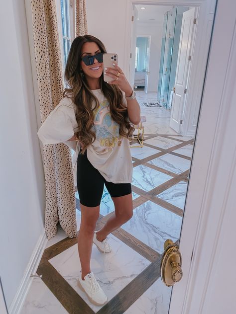 spanx biker shorts, biker shorts trend outfiit ideas, reebook white chunky shoes, summer fashion 2020, emily gemma Biker Short Outfits, Bike Shorts Outfit Summer, Cute Biker Shorts, Biker Shorts Outfit Summer, Biker Shorts Outfits, Looks Com Short, Bike Shorts Outfit, Emily Gemma, Knee Shorts