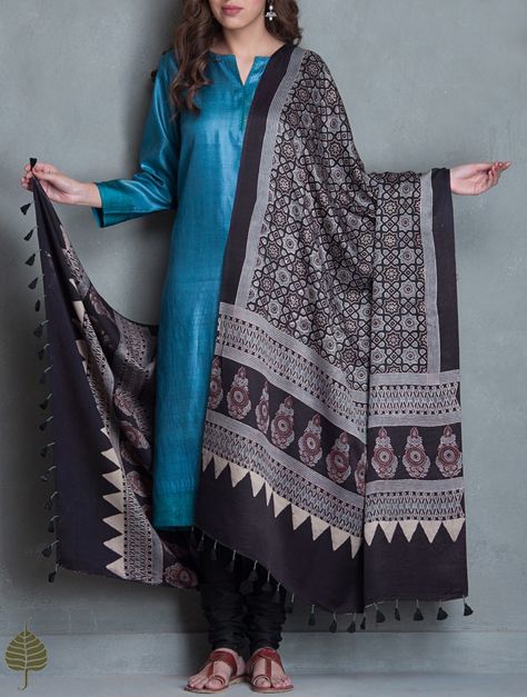 Buy Black Blue Maroon Ajrakh Printed Gajji Silk Dupatta by Jaypore Accessories Dupattas Musings Online at Jaypore.com Gajji Silk Kurta Designs, Plain Suit Designs Indian, Gajji Silk Kurta, Gajji Silk Dupatta, Ajrakh Dupatta, Recycled Dress, Salwar Designs, Kurti Designs Latest, Fancy Kurti