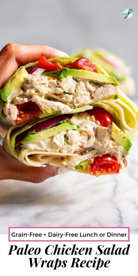 These paleo chicken salad wraps start with the best easy chicken salad layered with avocado, lettuce and tomato and wrapped in oversized grain free tortillas! These are a great make ahead lunch and perfect for easy dinners too. Gluten free, dairy free and paleo friendly. Healthy Wrap Recipes, Grain Free Tortillas, Chicken Salad Wrap Recipe, Paleo Wraps, Paleo Chicken Salad, Easy Paleo Chicken, Healthy Wrap, Paleo Running Momma, Wraps Recipes Healthy