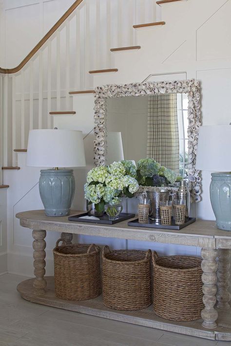 Breezy seaside home makeover nestled on Florida's Emerald Coast Coastal Entryway, Stair Case, Entryway Console Table, Foyer Decorating, Coastal Living Rooms, Entryway Console, Decor Pillows, Coastal Furniture, Entry Table