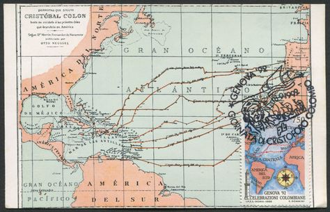 Genova ’92  "Columbus & Ships" cancellation:  Italy Scott #1908 (18 Sep 1992) Discovery of America, 500th Anniversary issue: Map of Columbus’ First Voyage.  Stamp tied to postcard showing map of area Columbus discovered. Columbus 2017, Columbus Ship, Christopher Columbus Memes, Columbus Skyline, Columbus Map, Columbus Circle, Christopher Columbus, Columbus, New World