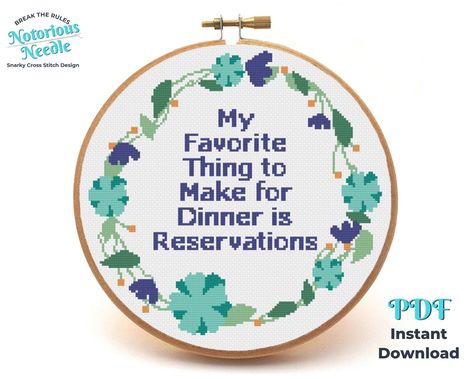 For those who hate to cook. lol Hang this funny cross stitch pattern in your kitchen, or stitch and gift to someone you love (or hate).   This is for PDF digital downloads only. Nothing will be mailed.  💙 GET 20% OFF NOW Copy and paste this link in your internet browser for a 20% off discount code to use right now. Join the Notorious Nook FREE and enjoy VIP membership with sneak peeks, sales and stitchy tips. https://notoriousneedle.com/get20 💙 STITCHING TECHNIQUES - Whole Cross Stitch 💙 SIZES OF THE COMPLETED PATTERN (Does not include extra fabric for framing) - Colors x 6 - 131w x 127h stitches - Stitch Count: 4,322 - 14 count: 9.4 x 9.1 in (23.9 x 23.1 cm) 💙 WHAT YOU GET - 3 PDF Files (Page Size = US Letter 8.5" x 11", UK Size A4) - PDF of 2 single page patterns, one in color and on Thing To Make For Dinner, Snarky Cross Stitch, Thing To Make, Page Maps, Funny Cross Stitch Patterns, Pattern Quotes, Stitching Techniques, Techniques Couture, Cross Stitch Funny