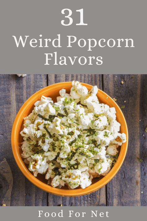 Popcorn isn't always predictable. There are some weird popcorn flavors out there too, including the 31 on this list. #popcorn #gourmet Gourmet Popcorn Flavors, Popcorn Topping Recipes, Puff Popcorn Recipes, Christmas Popcorn Balls Recipe, Savory Popcorn Balls, Popcorn Seasoning Recipes Diy, Flavored Popcorn Recipes Savory, Popcorn Flavor Recipes, Popcorn Seasoning Ideas