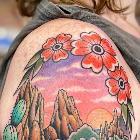 Katie McGowan on Instagram: "Thanks Christine for coming from Texas to get this Colorado landscape “Garden of the Gods” - i had a blast tattooing you today! 🌄🌵🌺🌼 @lovespelltattoo" Garden Of The Gods Tattoo, Katie Mcgowan, Gods Tattoo, Colorado Landscape, God Tattoos, Garden Of The Gods, Landscape Garden, Tattoo You, Having A Blast