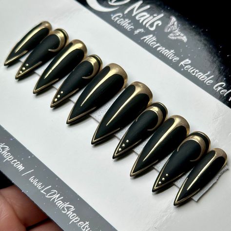 Wicked Regal, Black and Gold Witchy Moon Nails, Gothic Gold Chrome Press On Nails, Matte Goth Nails, Reusable False Nails, Press-on Nails Coffin Bag, Nails Gothic, Country Nails, Long Stiletto, Nails Matte, Moon Nails, Goth Nails, Matte Gloss, Alternative Style