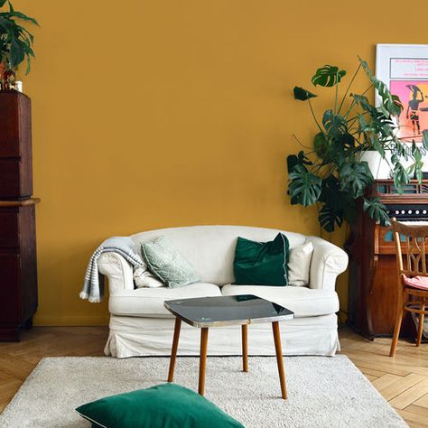 Buy Ochre Yellow Paint - Flat Matt (Miles From Monday) – COAT Paints Ochre Living Room, Ochre Walls, Mustard Living Room, Mustard Color Scheme, Mustard Living Rooms, Yellow Lounge, Living Room Yellow, Room Colours, Monochrome Decor