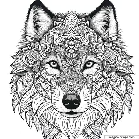 Coloriage Mandala adulte avec un portrait de loup - Dessin gratuit Wolf Coloring Pages Free Printable, Printable Wolf Coloring Pages, Wolf Coloring Pages, Mandala Animals, Mandala Wolf, Colouring Pages Mandala Animals, Kawaii Dragon, Wolf Mandala Coloring Pages, Mandala Animal