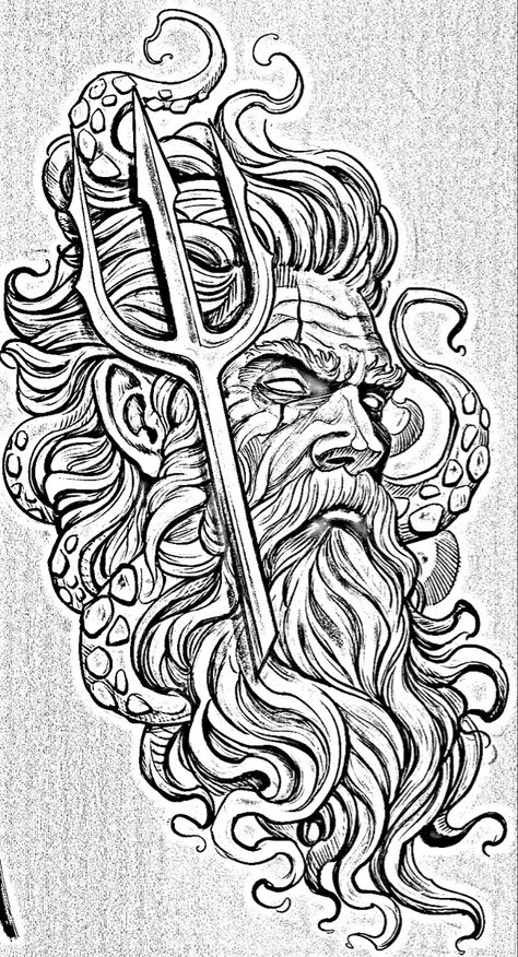 Posideon Art, Posiden Drawings, Poseidon With Trident Tattoo, Dionysus Tattoo Greek Mythology, Neptune Tattoo Poseidon, Posiden Trident Tattoo, King Neptune Tattoo, Olympus Tattoo, Poseidon Tattoo Design