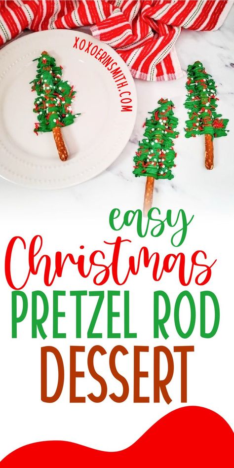 easy Christmas dessert using pretzel rods. Christmas Pretzel Rods, Pretzel Trees, Chocolate Covered Pretzels Christmas, Christmas Themed Desserts, Christmas Pretzel, Holiday Themed Desserts, Easy Christmas Cake Recipe, Xmas Cookies Recipes, Easy Christmas Dessert