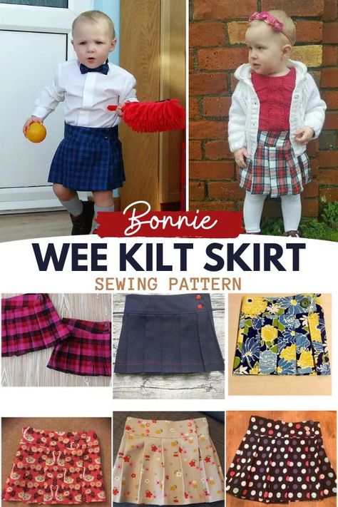 Bonnie Wee Kilt Skirt sewing pattern (Newborn to 10 years). This Scottish inspired kilt has been designed for tartan plaid fabrics, but it can be sewn with any fabric, including solid colored fabric. The design of this cute wrap skirt is special because the knife pleats are regular (not basted, not topstitched, just pinned) so you can make pleating much easier. All the sizes have their own number of regular pleats. The kilt has a high waistband with a handmade belt or a purchased belt to add a c How To Make A Kilt Free Pattern, Kilt Pattern Diy, Kilt Sewing Pattern, Boys Kilt, Kilt Pattern, Scottish Skirt, Girls Skirt Patterns, Fair Outfit, Handmade Belt