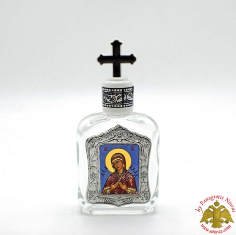 Holy Water or Holy Oil Bottle Rectangular with Holy Theotokos Seven Spear Icon Orthodox Family, Greek Folk Art, Holy Water Bottle, Byzantine Art, Greek Orthodox, Religious Icons, Holy Water, Creative Tattoos, Oil Bottle