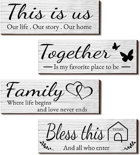 4 Pieces Home Wall Decor Signs, THIS IS US/TOGETHER/BLESS THIS HOME/FAMILY Wall Decor For Living Room Bedroom, Rustic Wooden Farmhouse Wall Art Decor, 4.7 x 13.8 Inch(White) Entryway Signs, Heart Warming Quotes, Family Wall Decor, Fa Fal, Wooden Home, Decor Signs, Inspirational Signs, Family Decor, Family Wall