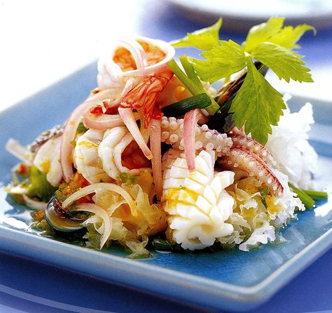 Thai Seafood Salad Recipe Thai Seafood Salad Recipe, Thai Seafood Salad, Fish Head Curry, Seafood Salad Recipe, Goan Prawn Curry, Thai Seafood, Squid Salad, Thai Food Menu, Vietnamese Grilled Pork