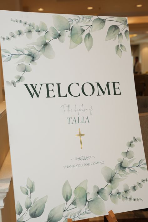 Modern baptism welcome sign Sage Green Baptism Decor, Baptism Welcome Sign, Baptism Decor, Easels, Baby Christening, White Decor, Welcome Sign, Christening, Sage Green