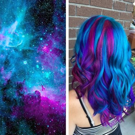 Image Galaxy Hair Color, Blue And Purple Hair, Trendy We Fryzurach, Wedge Hairstyles, Moda Do Momento, Galaxy Hair, Asymmetrical Hairstyles, Shoulder Hair, Funky Hairstyles