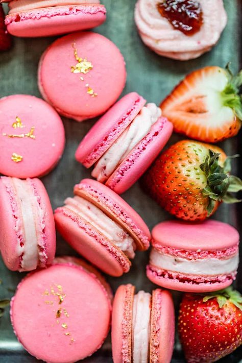 Strawberry Macarons - Britney Breaks Bread Strawberry Macaroons, Strawberry Macarons, Strawberry Macaron, Pink Macaroons, Macaron Filling, Strawberry Powder, Party Food Dessert, Strawberry Preserves, Strawberry Buttercream