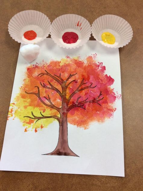 Fall Tree Cotton Ball Painting, Cotton Ball Tree Painting, Qtip Fall Tree Painting, Fall Painting For Toddlers, Cotton Ball Painting For Kids, Fall Tree Painting For Kids, Cotton Ball Crafts For Kids, Cotton Ball Art, Fall Tree Drawing