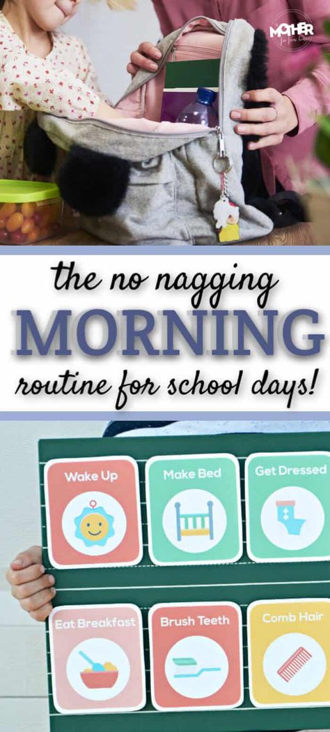 Here's a morning routine for school that your little one will be able to do on their own. No nagging, no stress, no running around the whole house looking for shoes and socks or backpacks or whatever. These school morning routines are great for Kindergartners, 1st graders, 2nd graders, 3rd graders, and beyond. They are simple, effective, and make for a stress free morning. #routine #schedule #school #schoolroutine #morningroutine #morning Morning Routine For School, Morning Routine Schedule, Schedule School, Before School Routine, School Night Routine, Morning Routine Chart, Morning Routine Kids, Morning Schedule, Working Mom Schedule