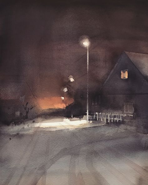 Night Scenery Watercolor Painting, Winter Night Watercolor, Watercolor Dark Art, Dark Watercolor Paintings, Night Watercolor Paintings, Dark Watercolor Art Inspiration, Eerie Watercolor, Watercolor Winter Scenes, Moody Watercolor