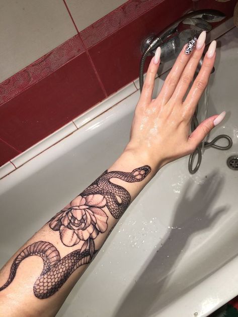 Female Snake Tattoo Arm, Snake Flower Tattoos For Women, Snake Forearm Tattoo Women Wrap, Arm Tattoos For Women Snake, Forearm Snake Tattoo Women, Snake And Flowers Tattoo Arm, Front Arm Tattoo Woman, Snake Forearm Tattoo, Wine Couple