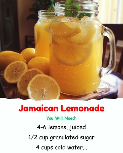 Jamaican Lemonade

Ingredients:
- 4-6... - The Savory Secrets Jamaican Lemonade, Lemonade Ingredients, Mango Lemonade, Fresh Lemon Juice, Granulated Sugar, Drink Recipes, Lemon Juice, 1 Cup, Lemonade